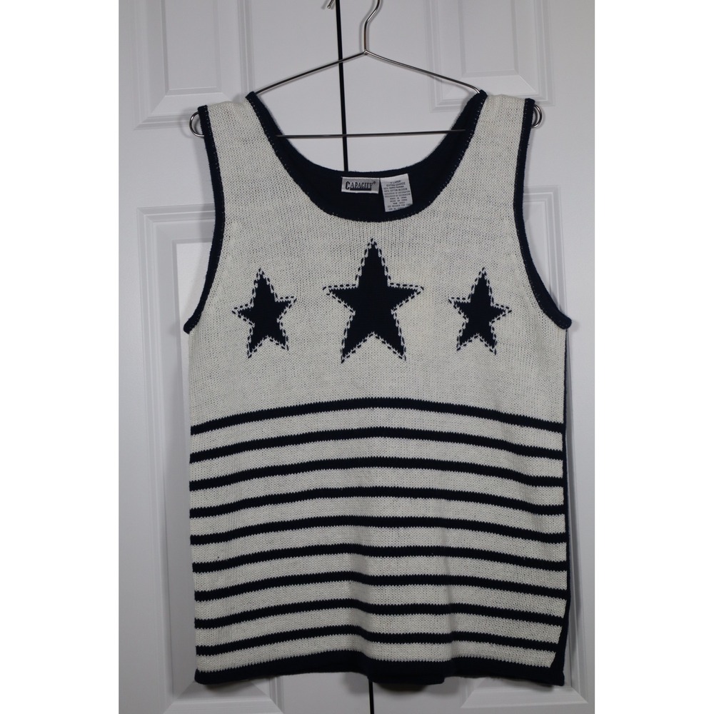 Capacity Womens XL Patriotic‎ Star Stripe Knit Tank Top Navy White Americana NWT